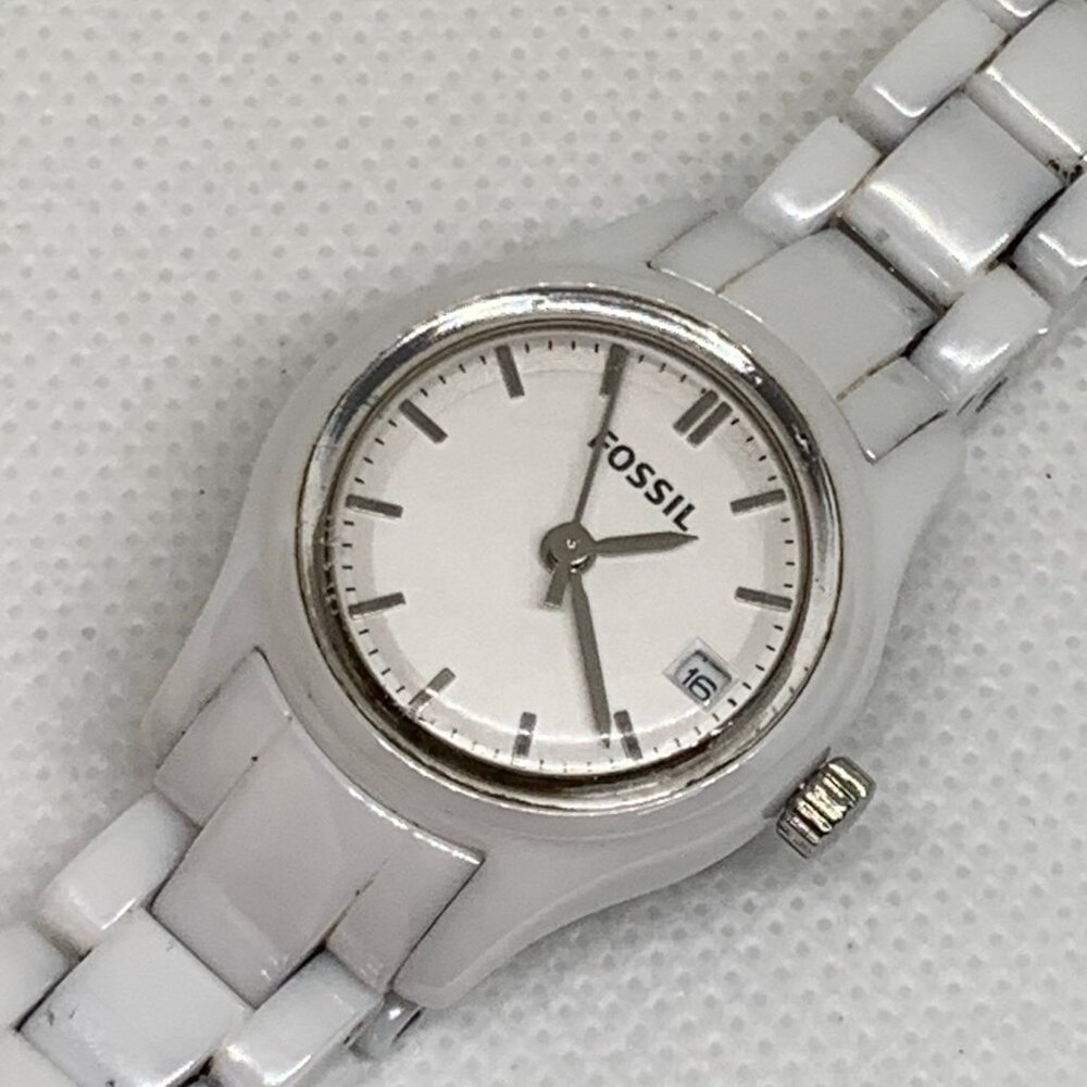 Fossil women’s watch ce1072 date white tone ceramic 25mm quartz 6” running - Picture 2 of 9